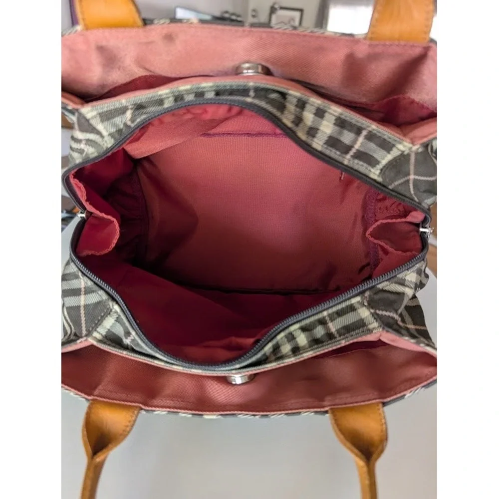 Burberry London Blue Label Nova Check Canvas Leather Tote Handbag Brown Pink
